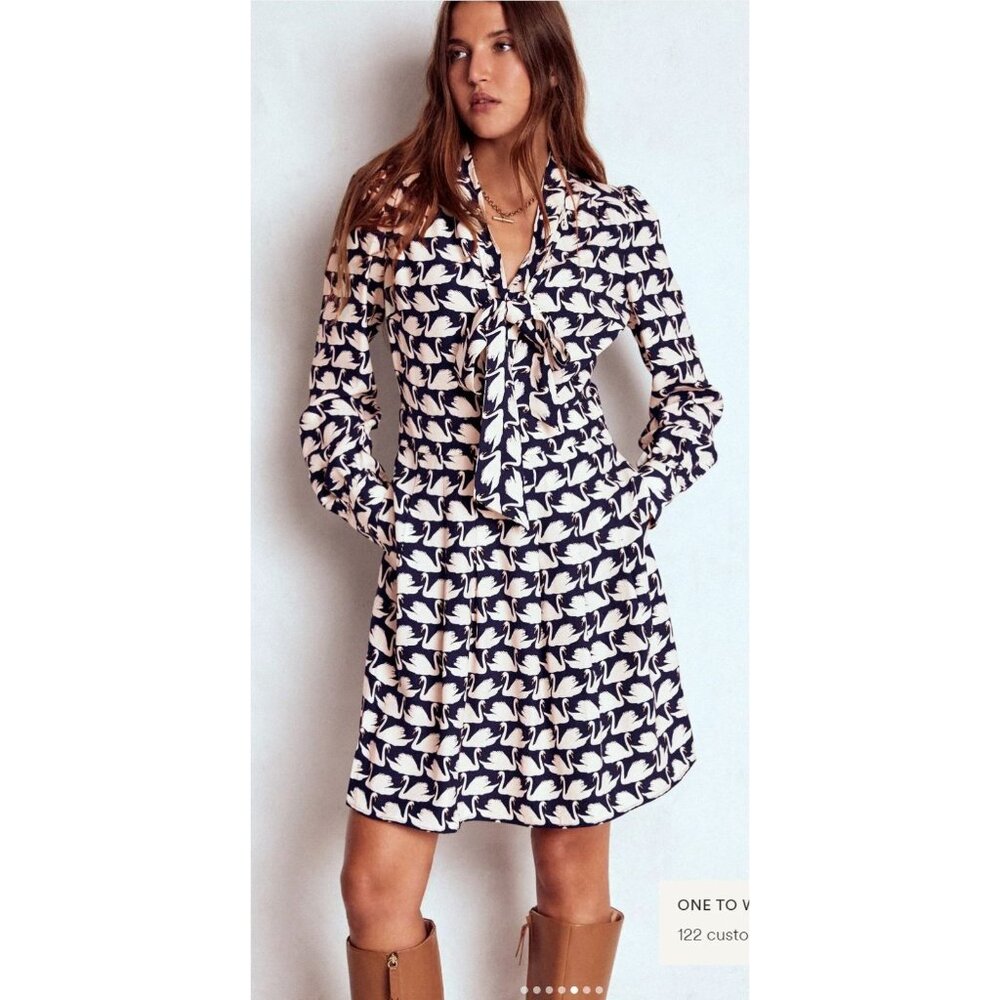 NWT Women's Boden Tie Neck Short Dress French Navy + White Swan Print Size 6R